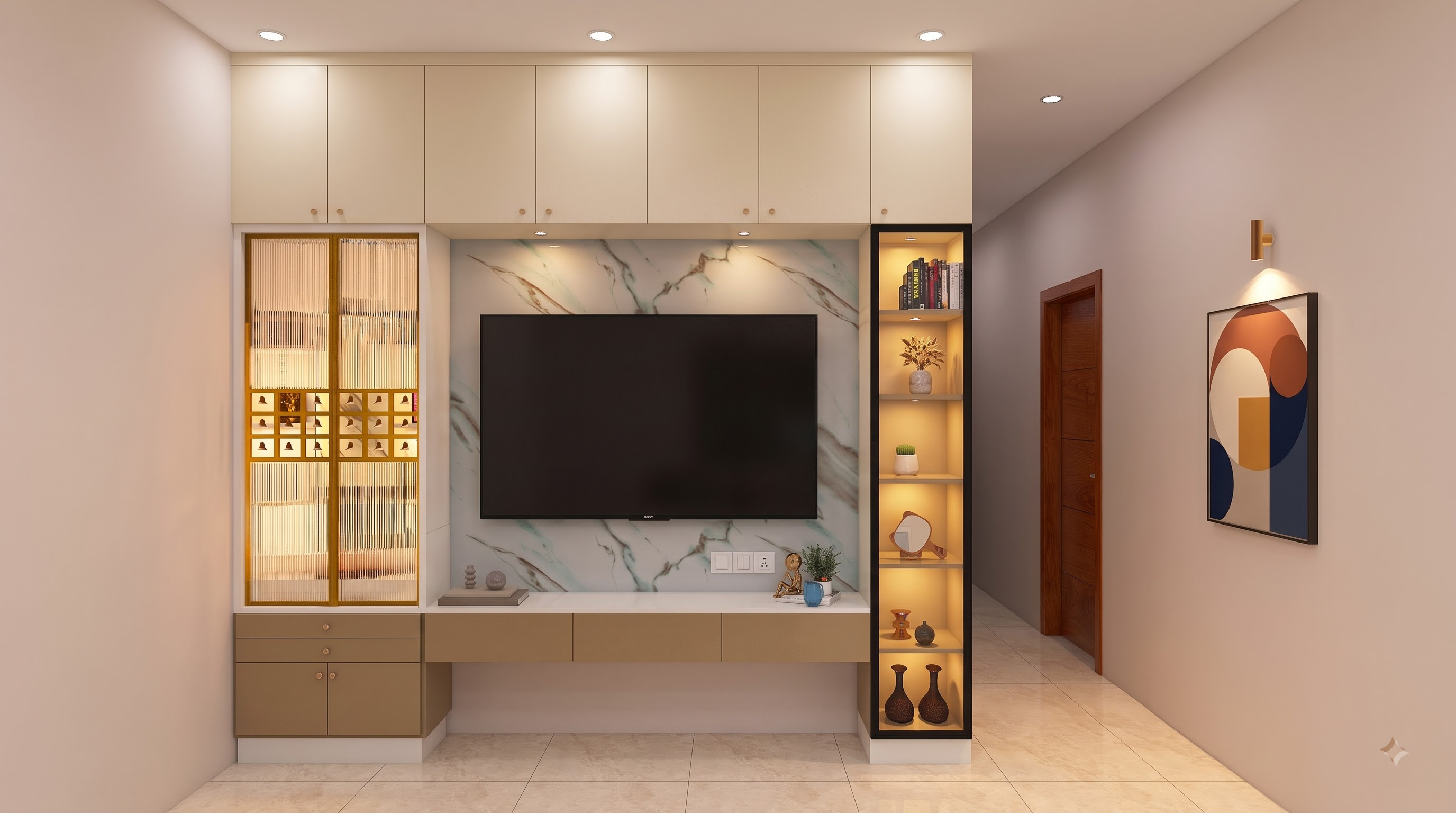 Rattan-finish wardrobe and bay window seating in a kids' bedroom, Ranjit Residence, Sobha Victoria Park, Hennur