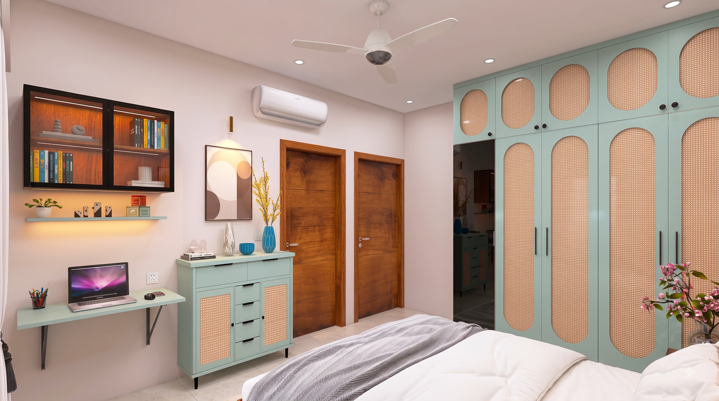 Master bedroom wardrobe with water green finish and glass shutter, Ranjit Residence, Hennur