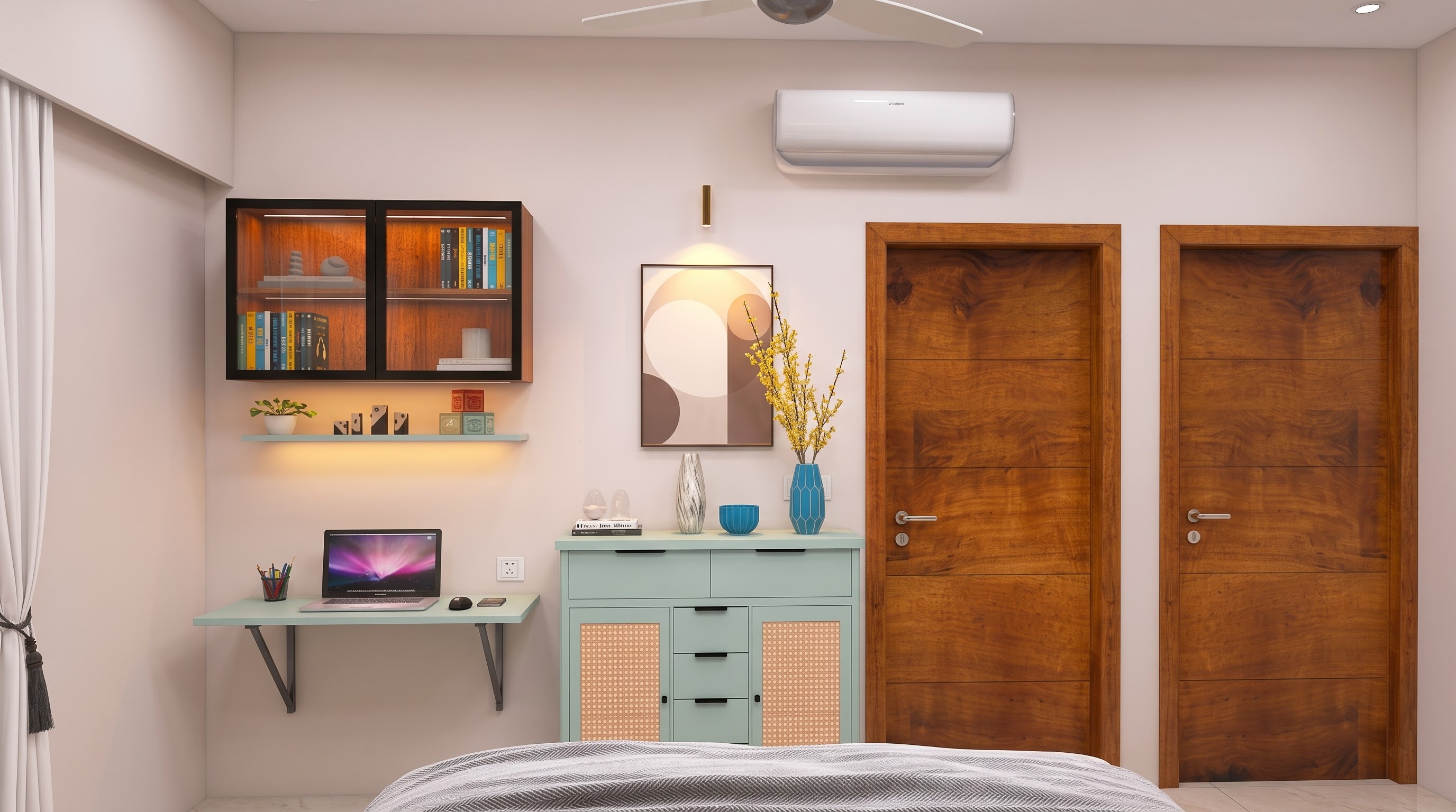 Master bedroom black-coated aluminum glass shutter frame, Ranjit Residence, Hennur