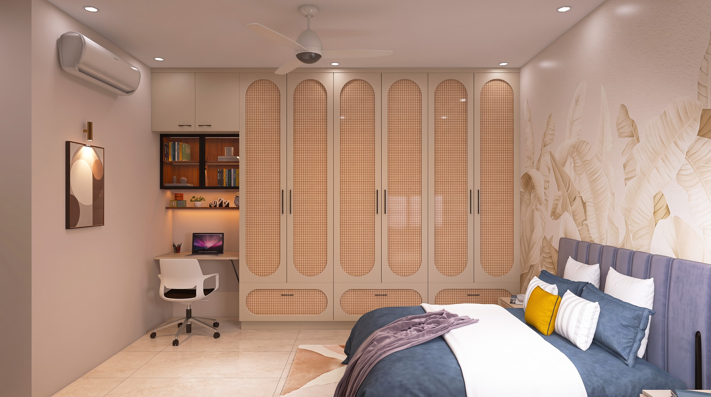 Guest bedroom wardrobe and loft in 133 SMT Barley finish with Tambak drawer facia, Ranjit Residence, Hennur