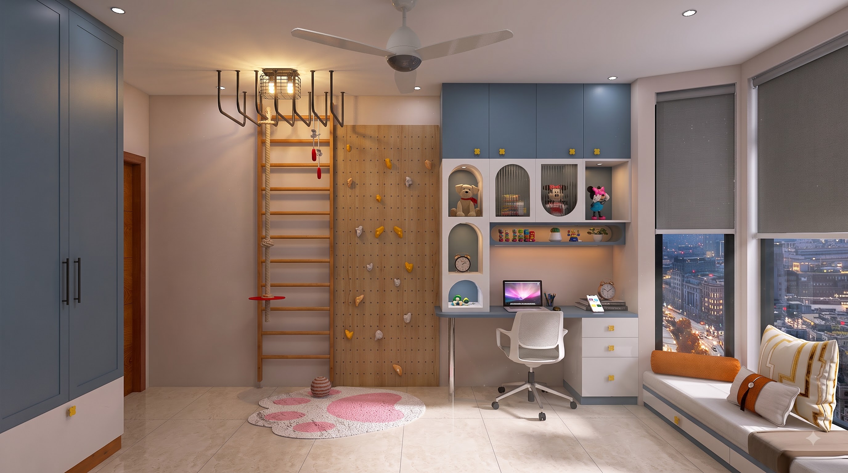 Kids' bedroom with climbing wall, rope ladder, and custom bay window seating, Ranjit Residence, Hennur