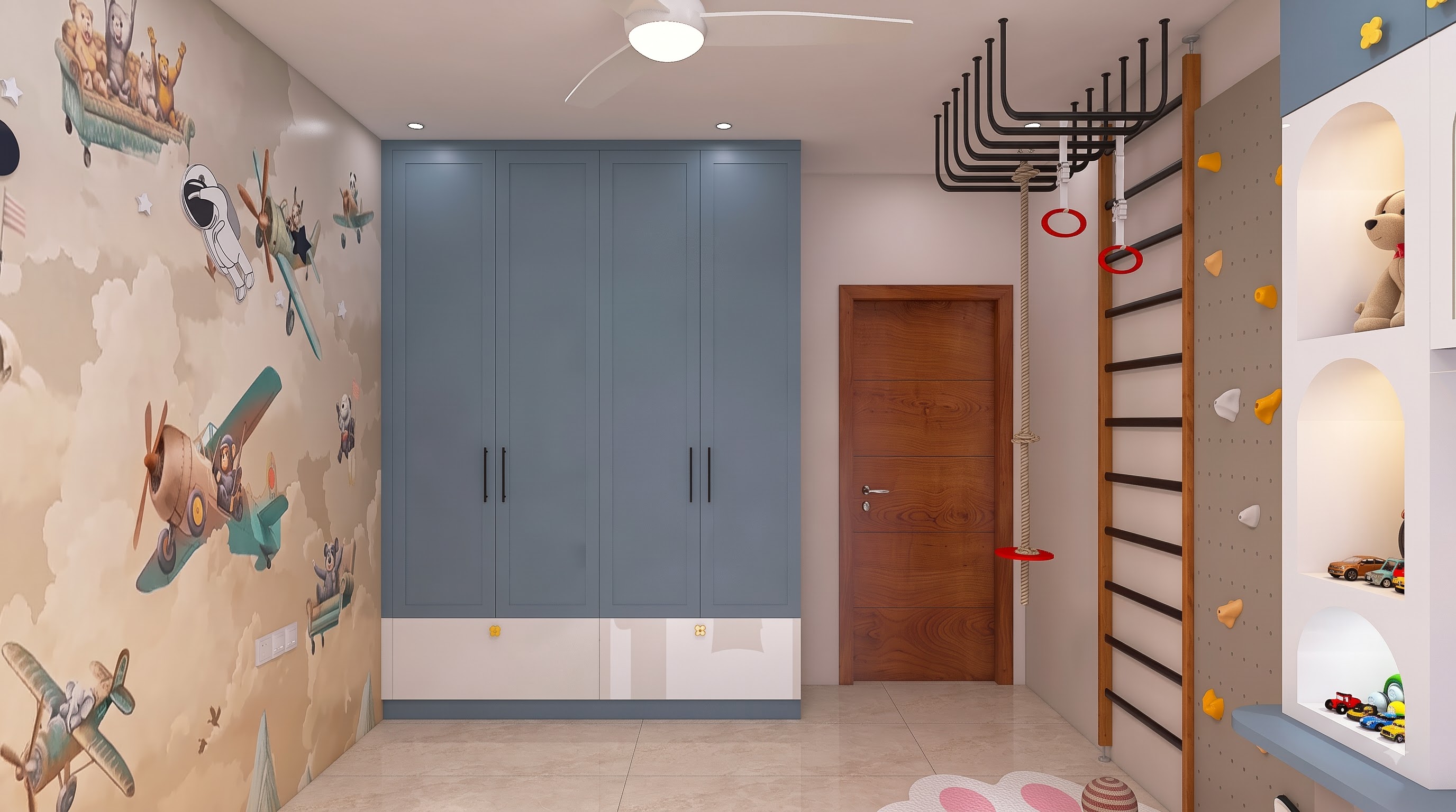 Kids' bedroom baby blue and winter white wardrobe, Ranjit Residence, Hennur