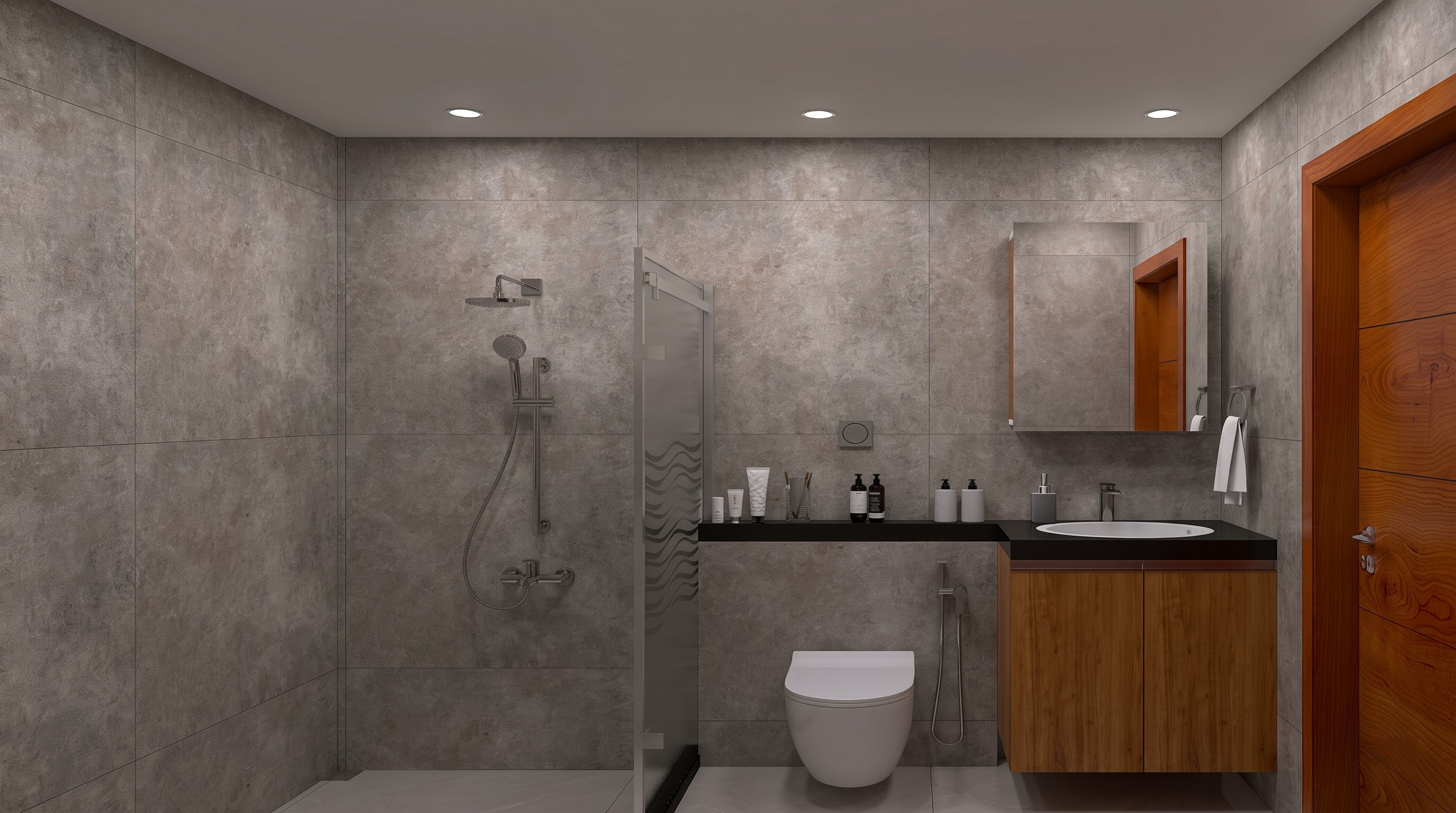 Bathroom vanity unit in Thick Wood laminate and quartz countertop, Ranjit Residence, Hennur