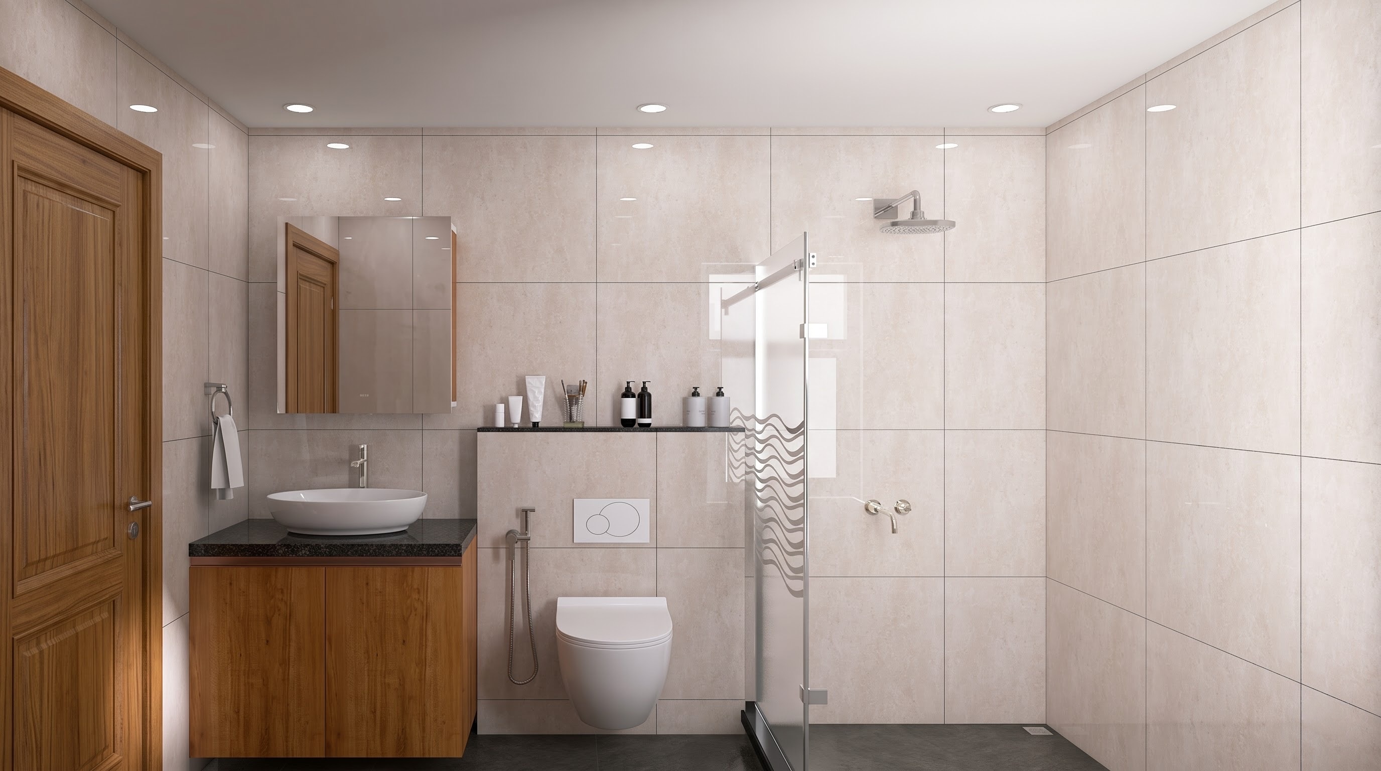 Bathroom vanity in Tropical Peach laminate finish and full-height tiling, Ranjit Residence, Hennur