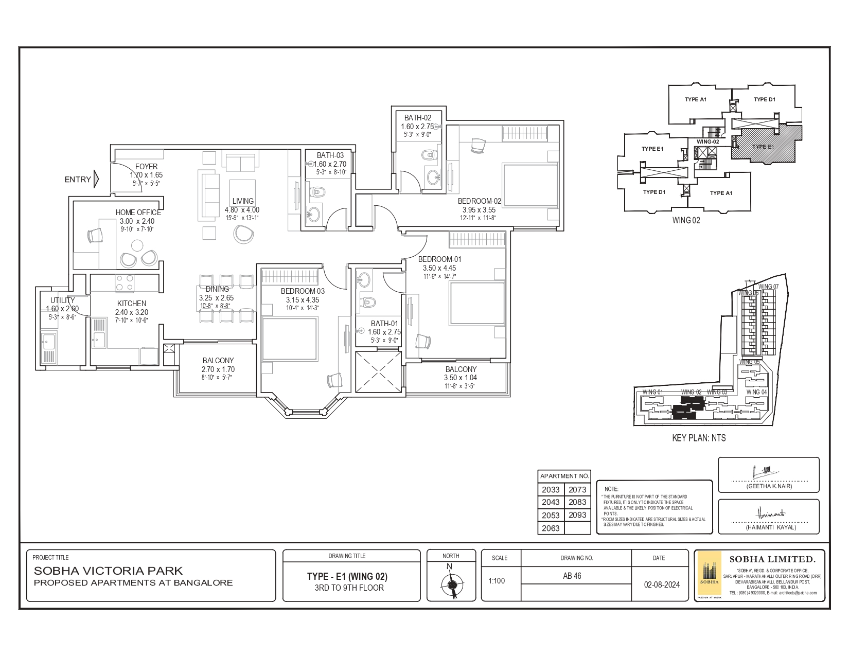 2D architectural floor plan layout, Ranjit Residence, Sobha Victoria Park, Hennur
