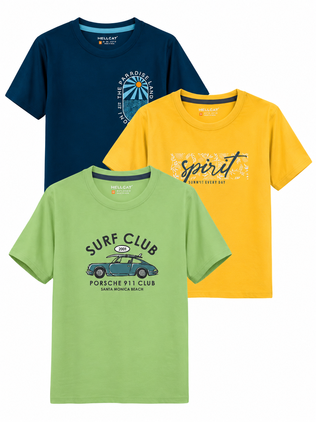 Boys' Printed Cotton T-Shirts – Pack of 3/Navy Blue, Green & Yellow/3 to 16 Years