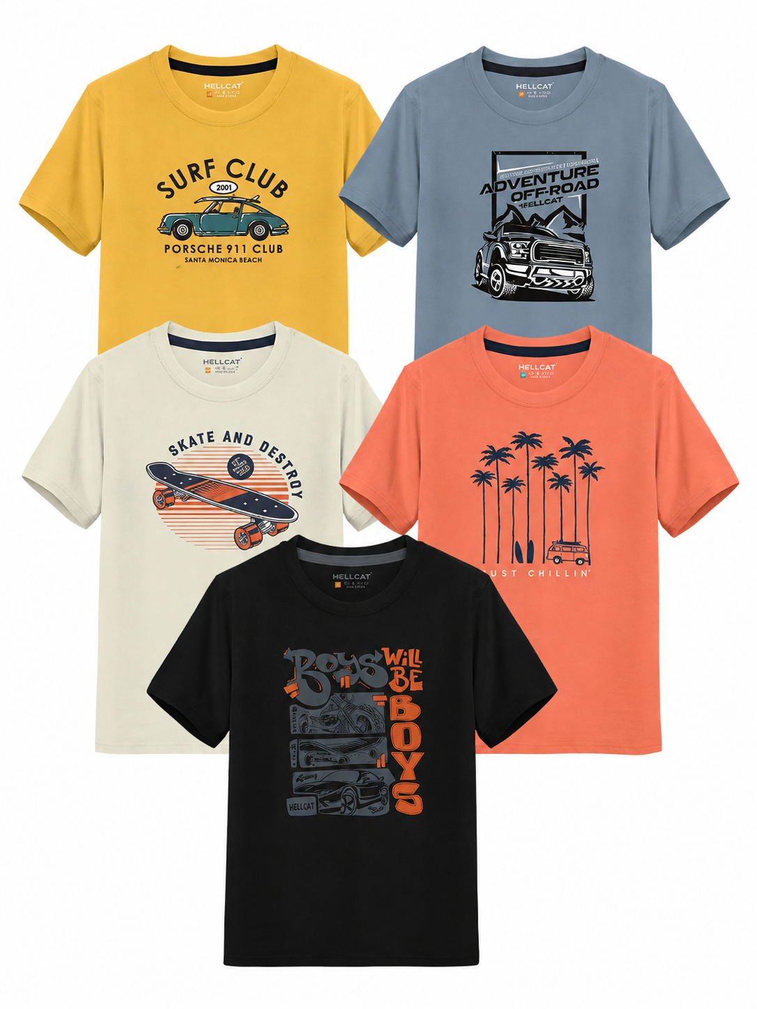 Boys' Printed Cotton T-Shirts – Pack of 5/ Yellow, Mustard, Off white , Black & Orange colours/3 to 16 Years