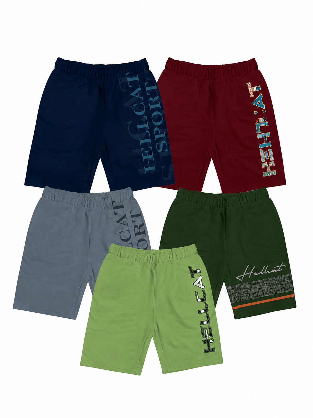 Pack of 5 Sports Shorts/Burgundy, Grey, Green, Blue, and Olive Green shorts/3 to 16 Years/Boys