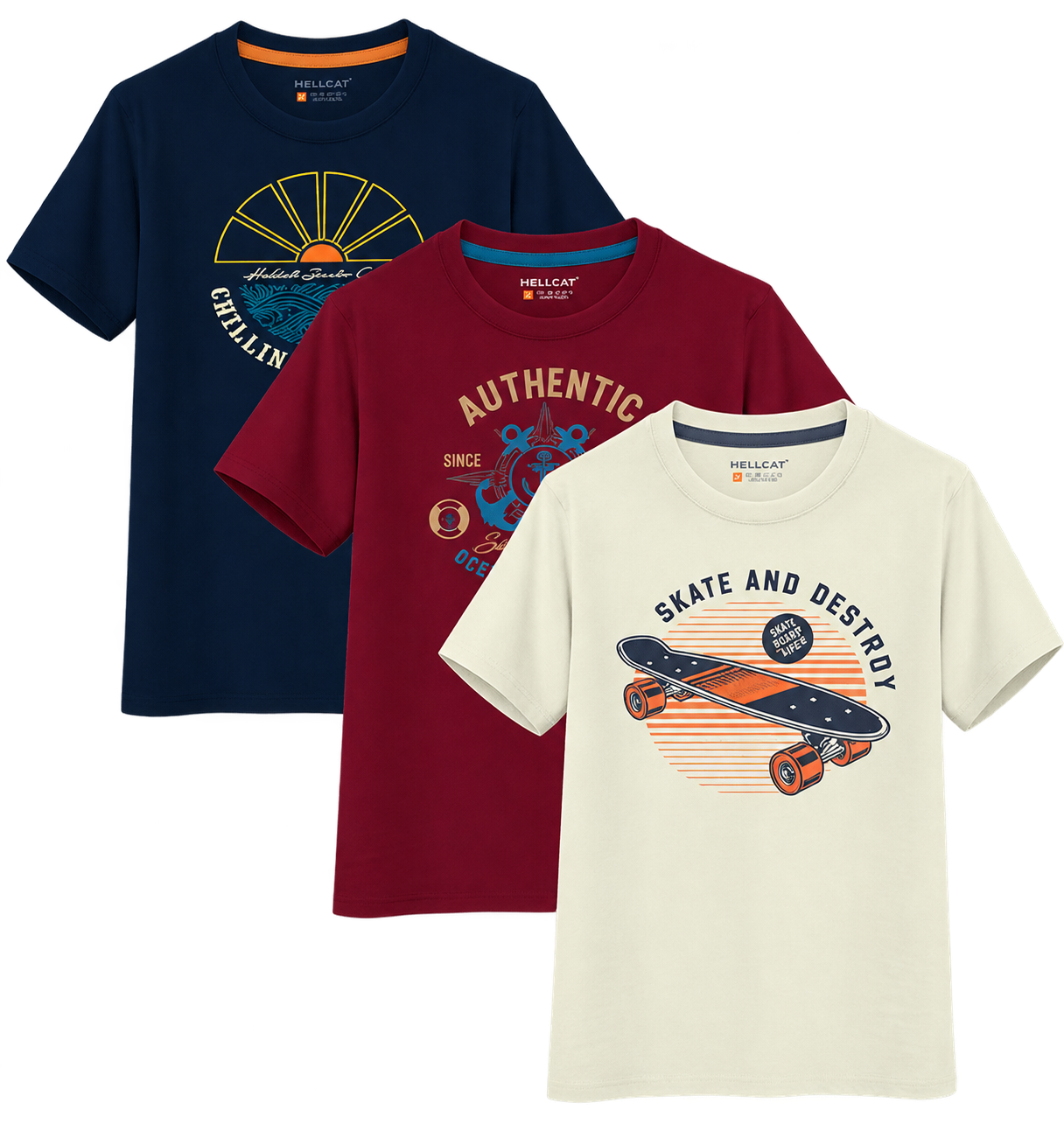Boys' Printed Cotton T-Shirts – Pack of 3/Navy Blue, Blue & Rust Colours/3 to 16 Years