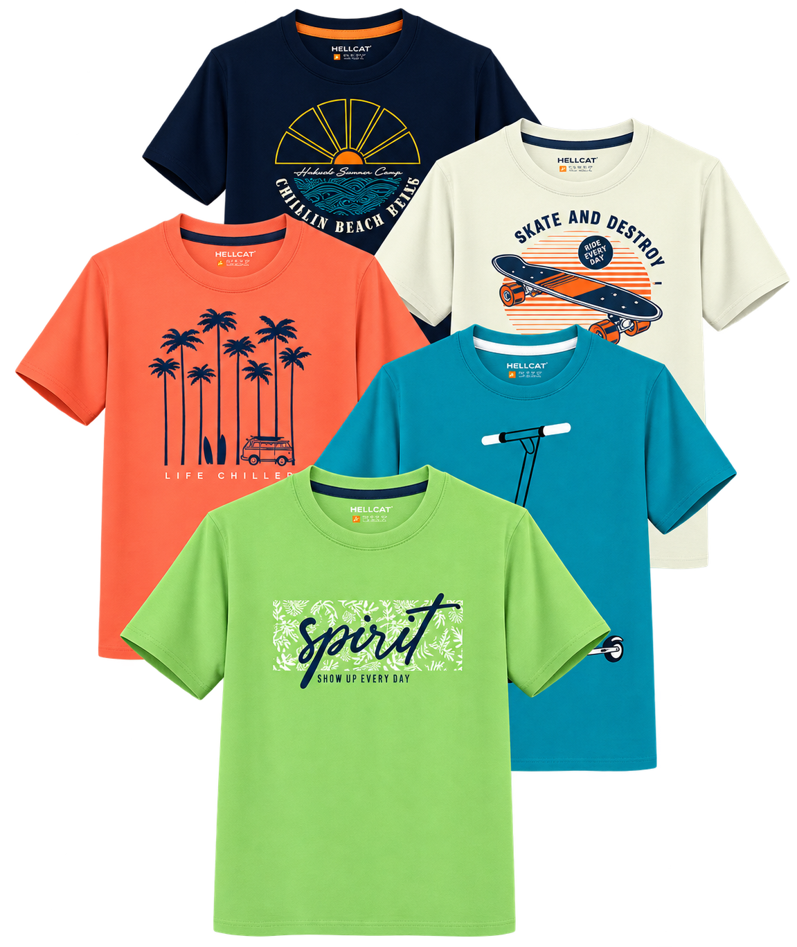 Boys' Printed Cotton T-Shirts – Pack of 5/ Jade Green, Navy Blue, Teal Blue, Beige, and Coral colours/3 to 16 Years