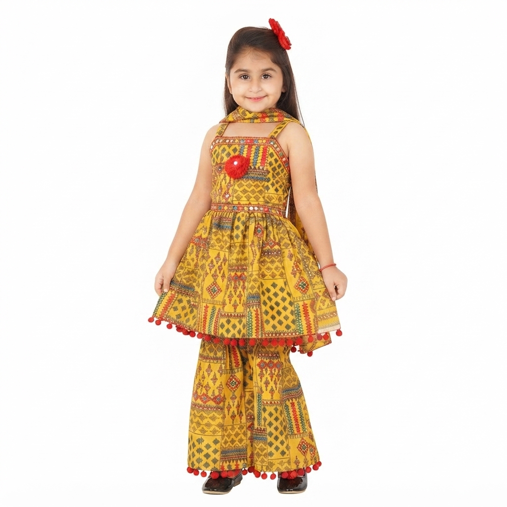 Kids Girls Yellow Ethnic Kurta, Sharara/Pajama & Dupatta Set | Festive & Party Wear Cotton Blend Outfit | Ages 2 to 12 Years