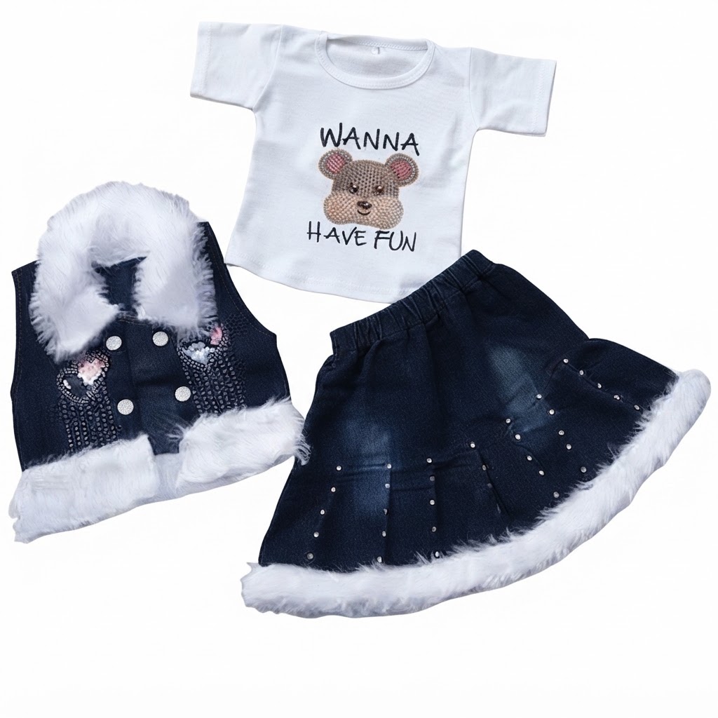 Baby Girls Stylish Denim Skirt Clothing Set | Layered, Ruffled & Rhinestone Accent Party Outfit (Black/White, 0-6 Years)