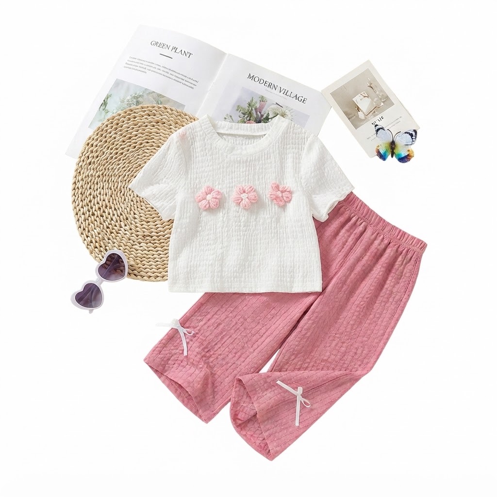 Trendy & Boutique Style: Kids Girls Pink Textured Cotton Co-Ord Set | Floral Top & Wide-Leg Pants Summer Outfit (Ages 2 to 13 Years)
