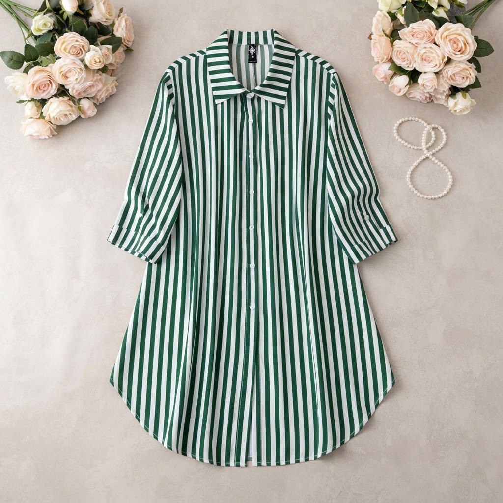 Women Shirt Green, White Knee Length Dress Size S,M,L,XL,XXL Ladies
