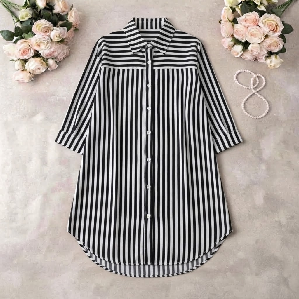 Women Shirt Black, White Knee Length Dress Size S,M,L,XL,XXL Ladies