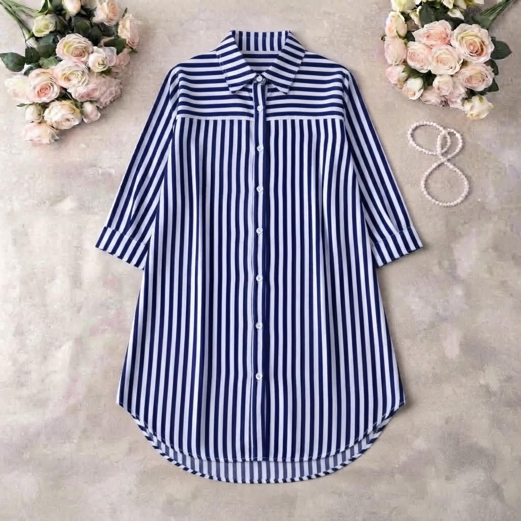 Women Shirt Blue, White Knee Length Dress Ladies