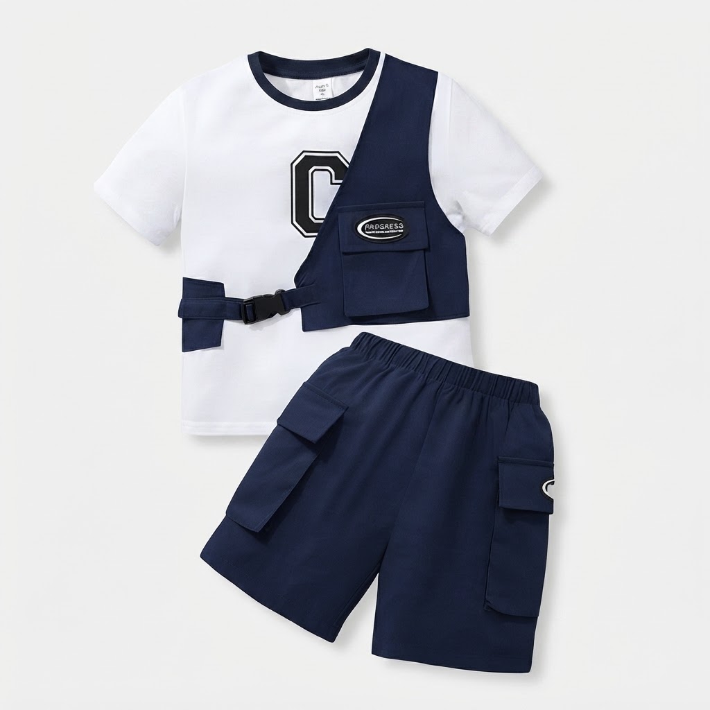 Kids Boys Casual T-shirt Shorts Size 6 Months to 8 Years Navy Blue, White