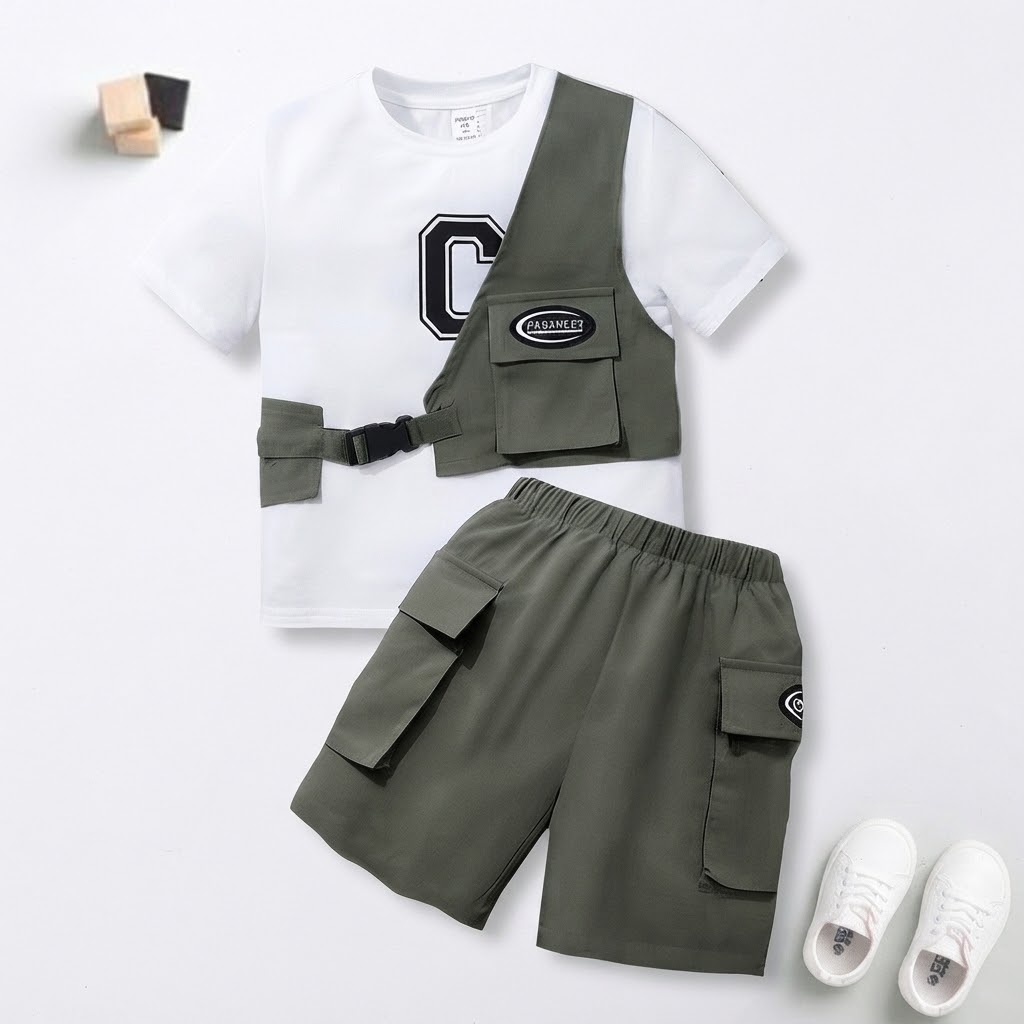 Kids Boys Casual T-shirt Shorts Size 6 Months to 8 Years Olive Green, White