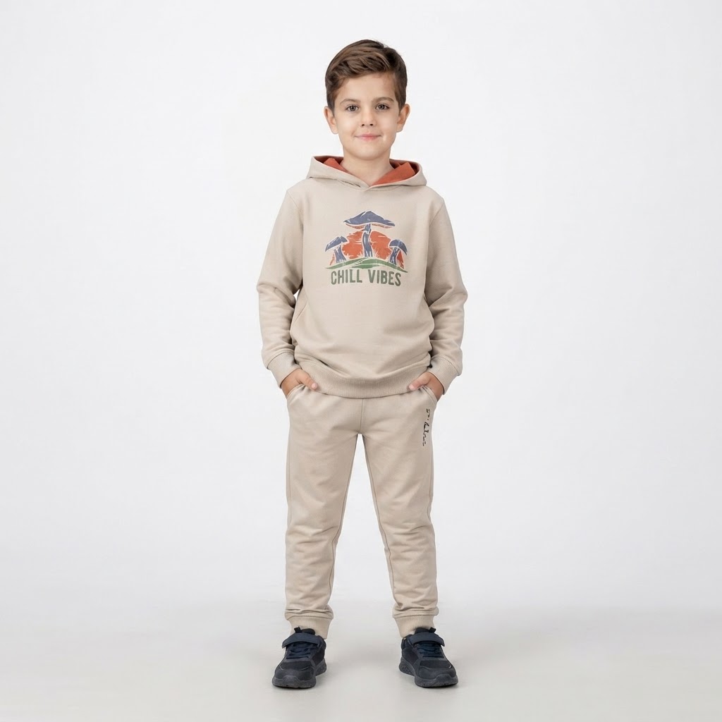 Boys Printed Long Sleeves Sweatshirt With Jogger Cream Size 3 Years to 10 years
