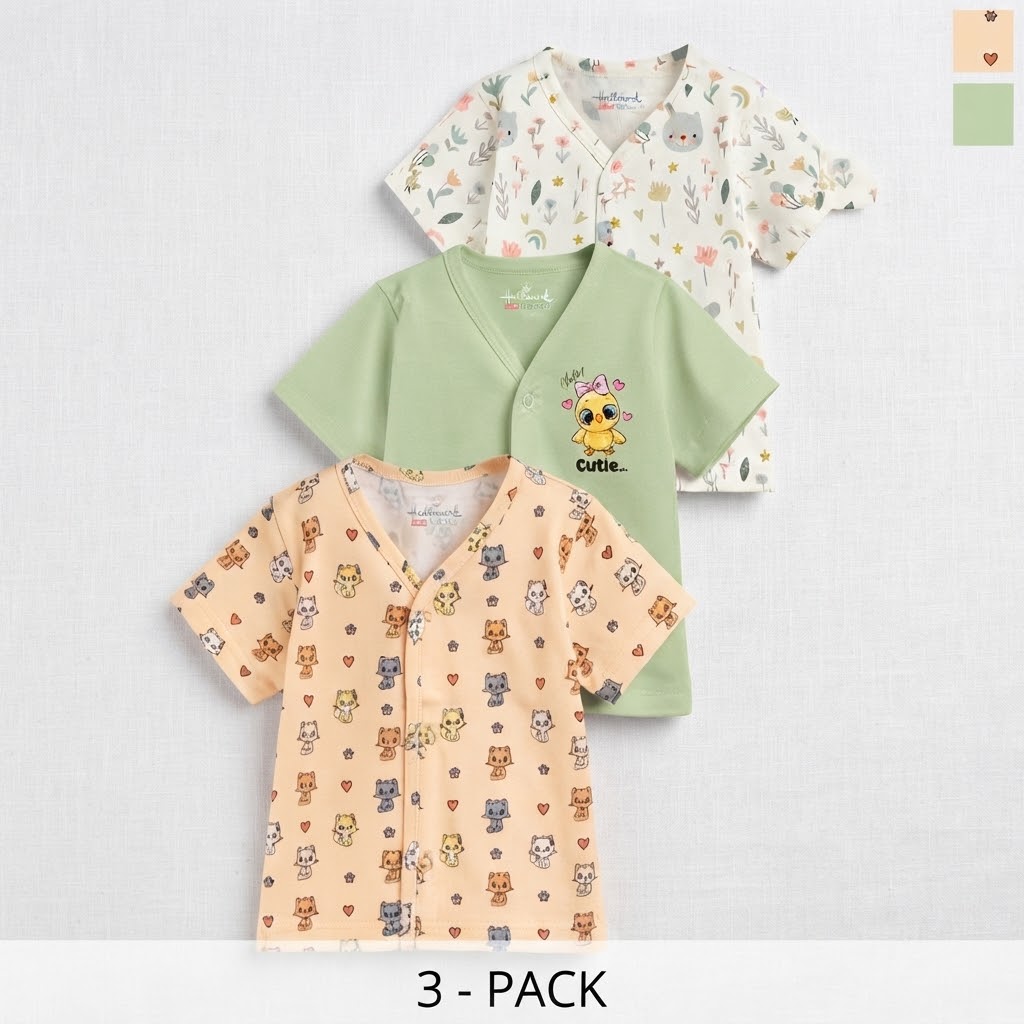 Kids Graphic Printed Pack Of 3 Cotton T-shirts Size 1 Month to 18 Months White, Peach and Green