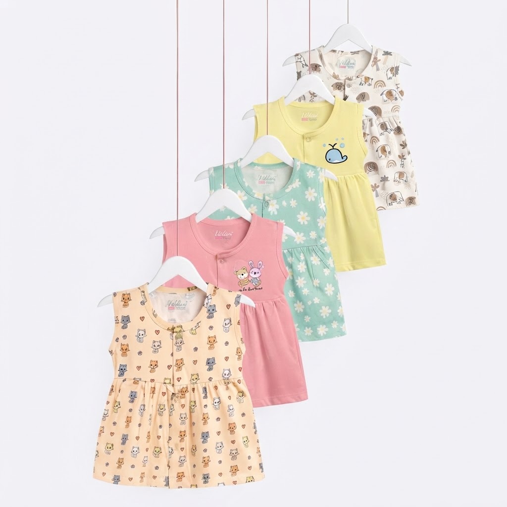 Baby Girls Printed Cotton Fit Dress Pack Of 5 Size 1 Month to 18 Months White,Blue, pink, Yellow & Peach