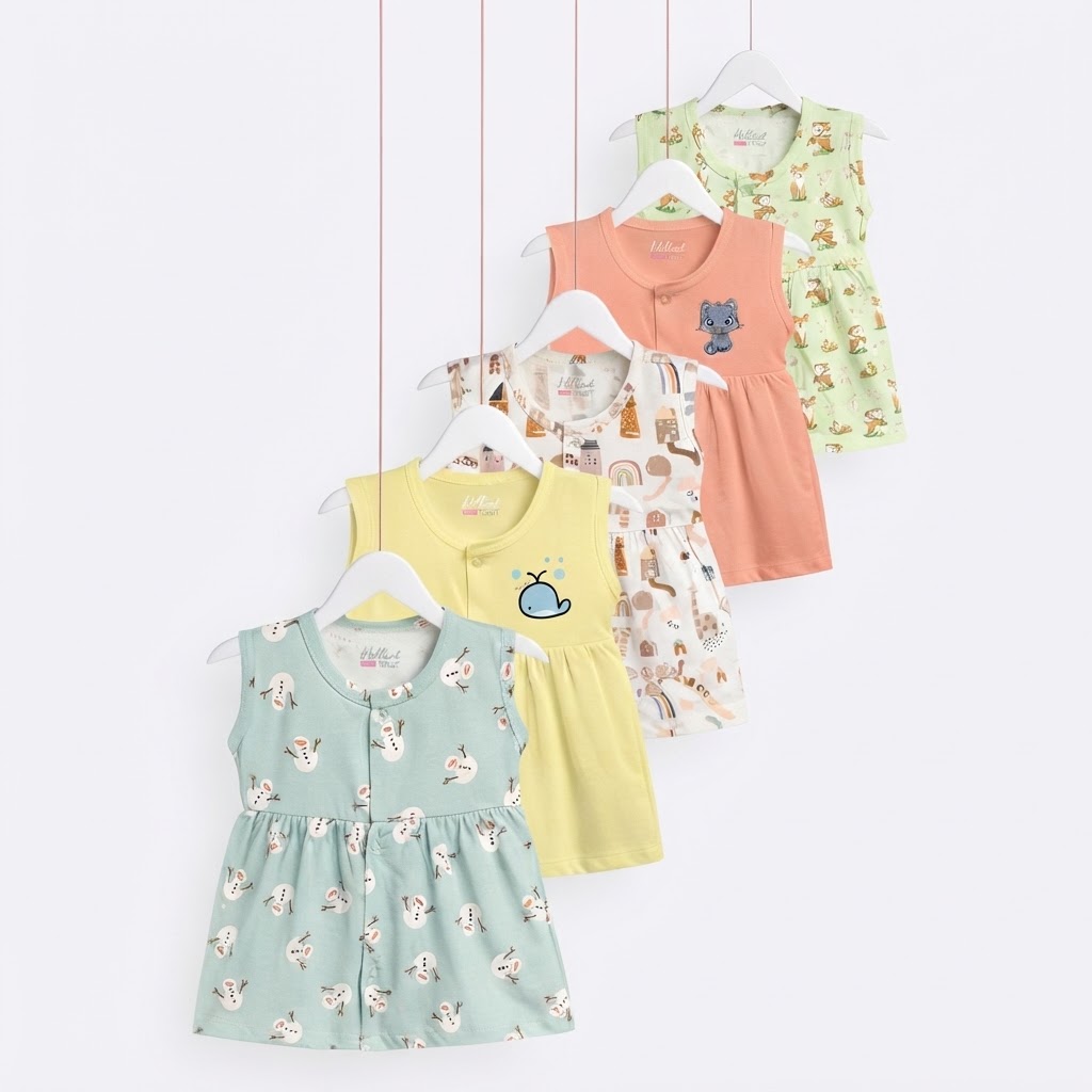 Baby Girls Printed Cotton Fit Dress Pack Of 5 Size 1 Month to 18 Months Yellow, Green