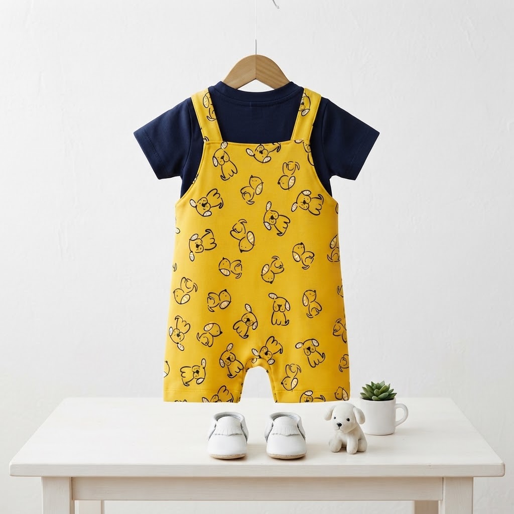 Infants Cotton Rompers with Printed Yellow T-Shirt Size 1 Month to 24 Months