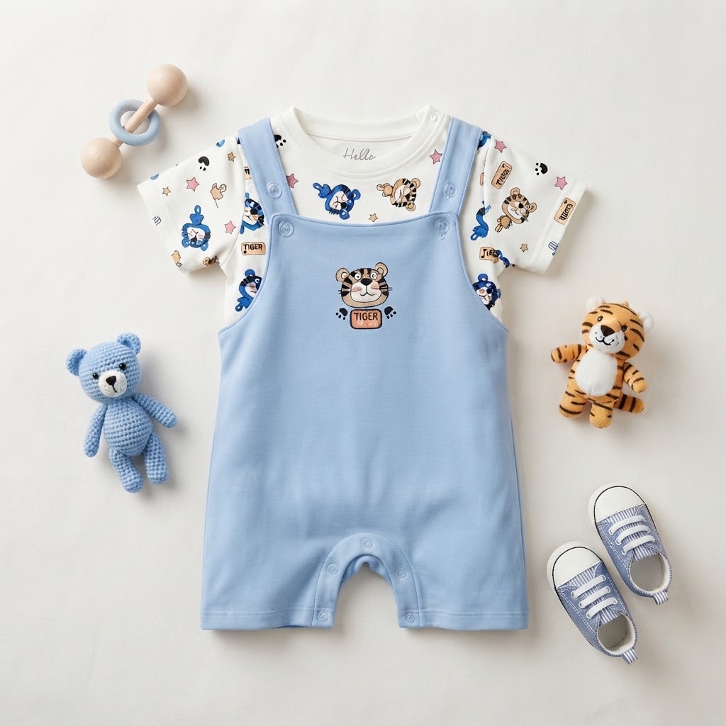 Infants Cotton Rompers with Printed Blue T-Shirt Size 1 Month to 24 Months