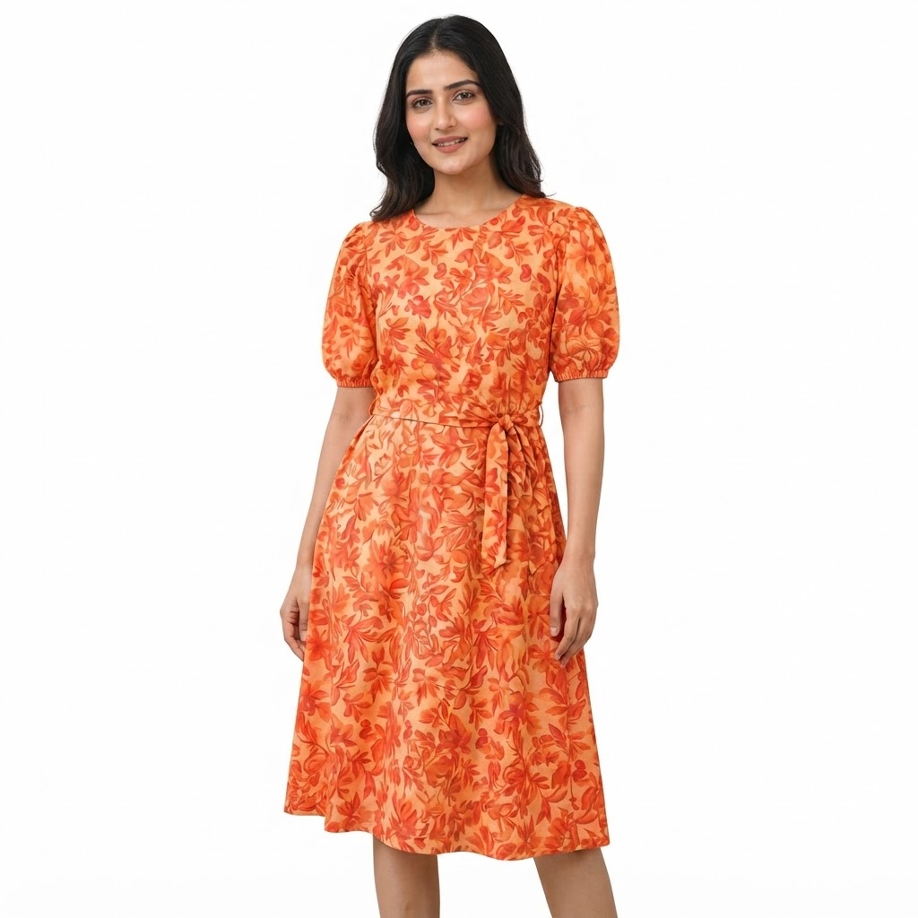 Print Puff Sleeve A-Line Women Dress Orange and Red Ladies Dress