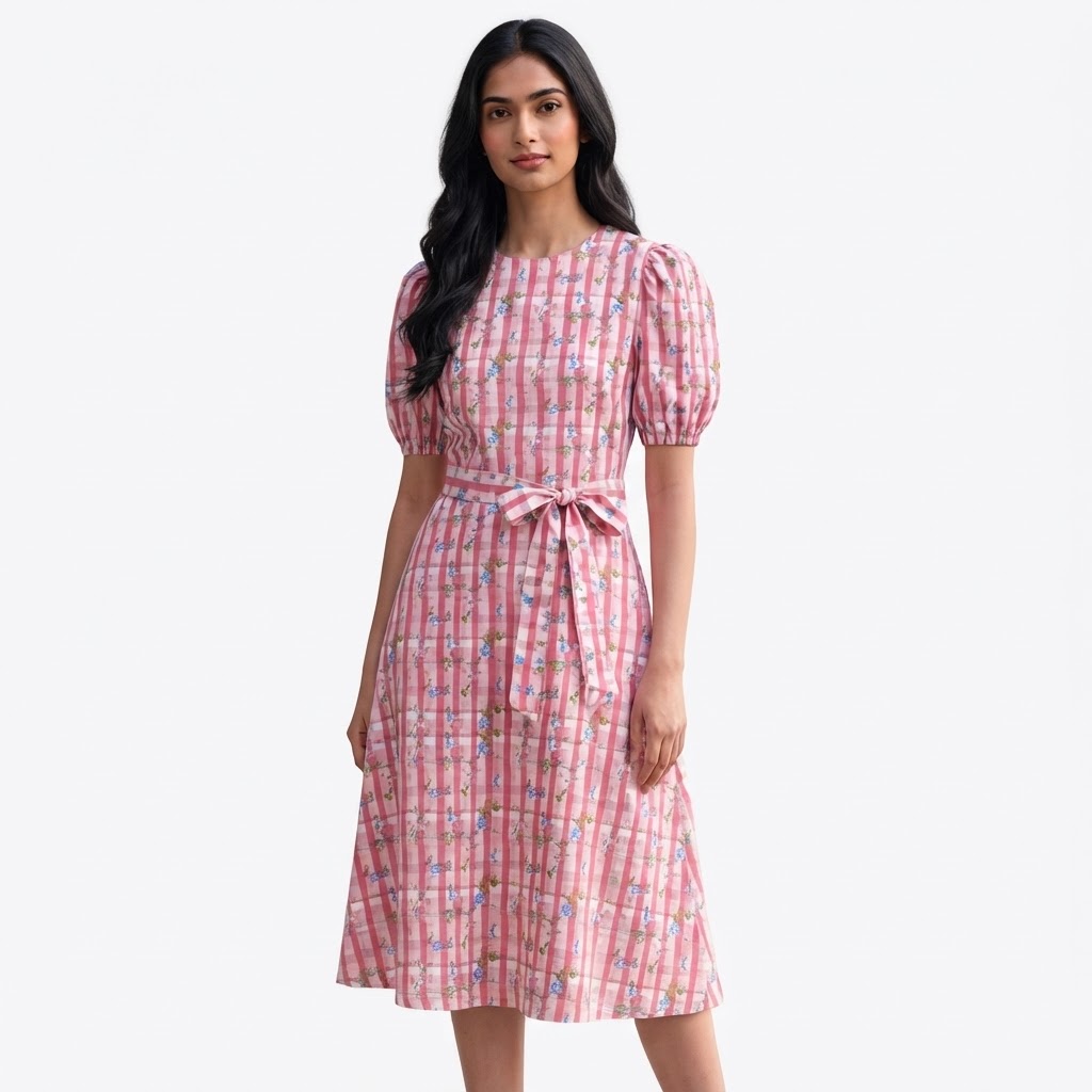 Print Puff Sleeve A-Line Women Dress Pink Ladies Dress