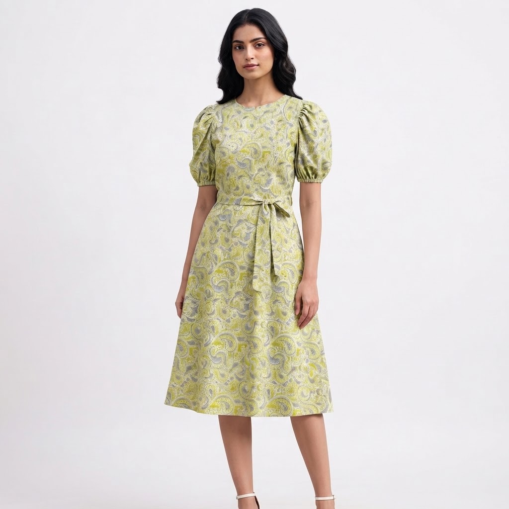 Print Puff Sleeve A-Line Women Dress Green Paisley Ladies Dress