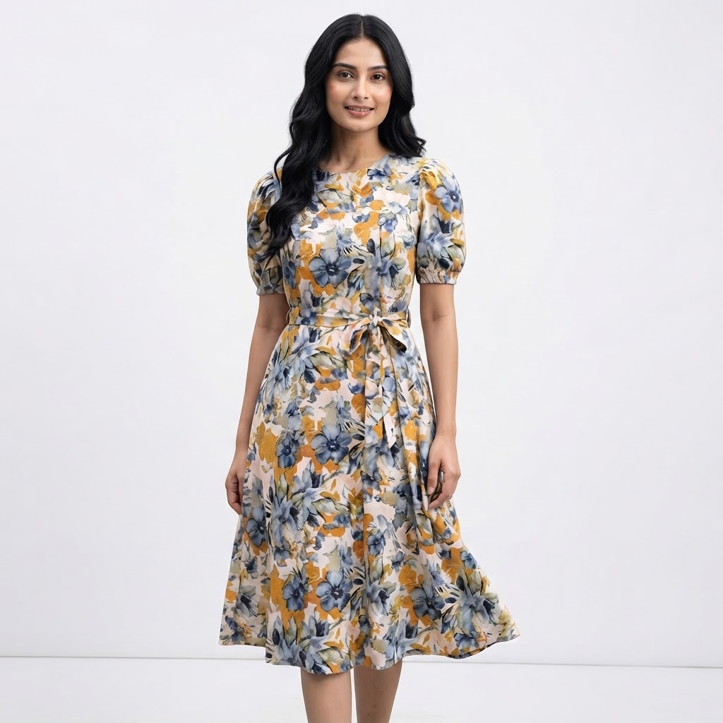 Print Puff Sleeve A-Line Women Dress Yellow Ladies Dress