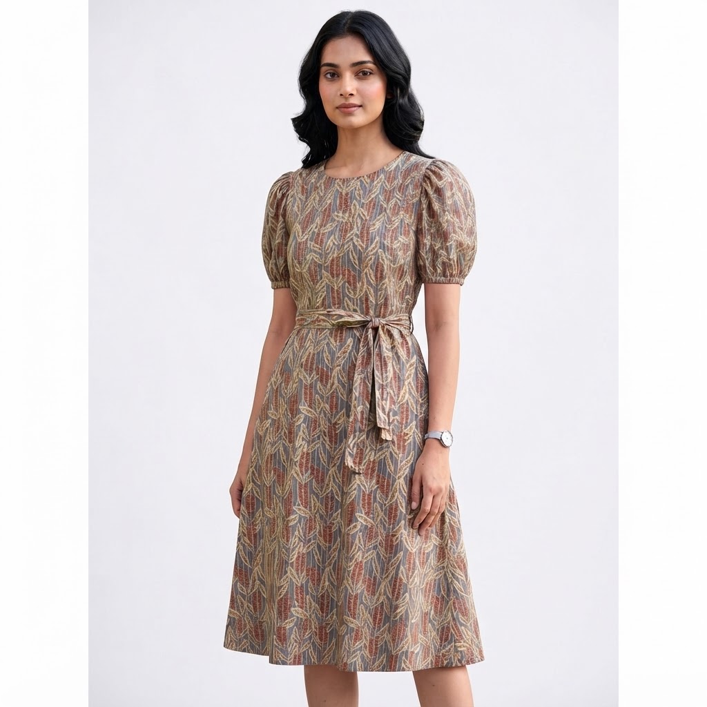 Ladies Dress Print Puff Sleeve A-Line Women Dress Brown Bohemian