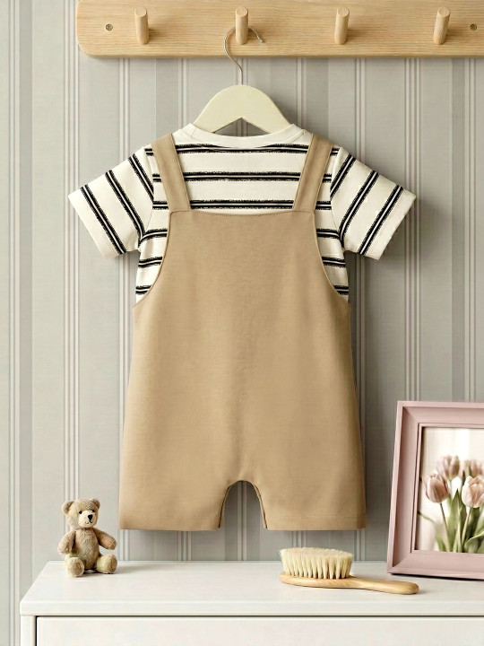 Infants Cotton Rompers with Printed Beige and black T-Shirt Size 1 Month to 24 Months