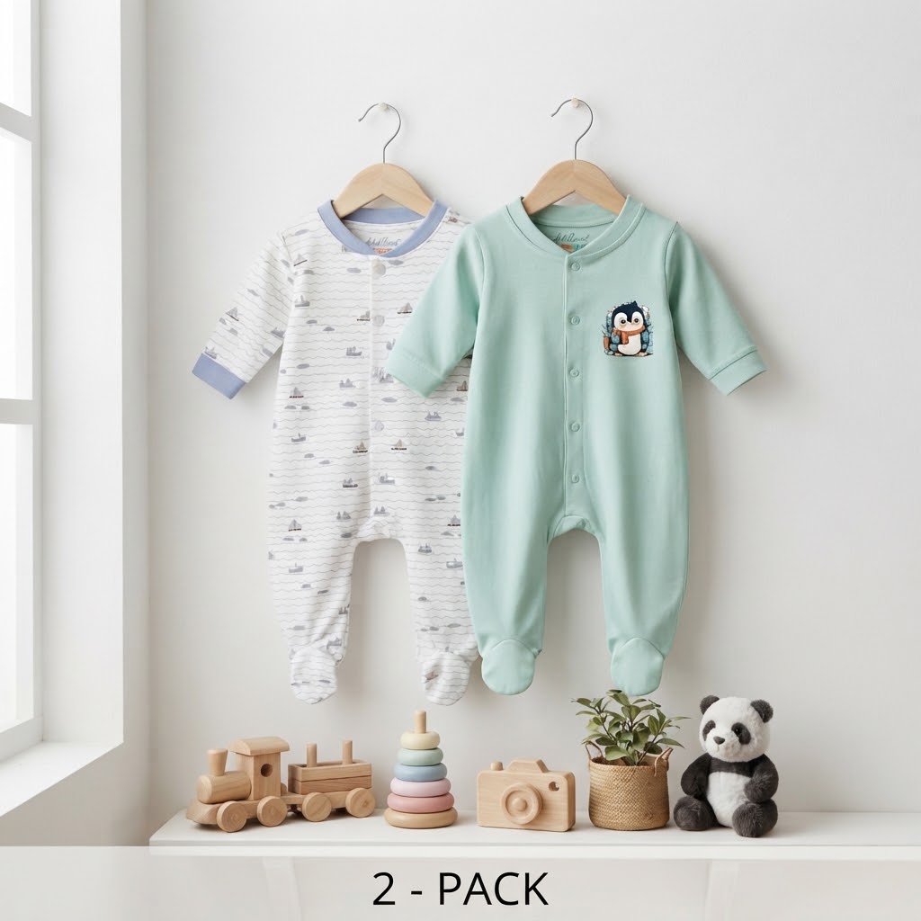 Infants Boys Pack Of 2 Printed Cotton Sleepsuit Size 1 Month to 18 Month