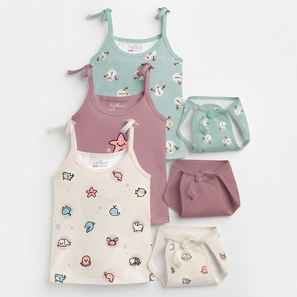 Baby Kids Pack Of 3 Printed Shoulder Straps Pure Cotton With Shorts 0-6 Months Cream, Mauve and Green