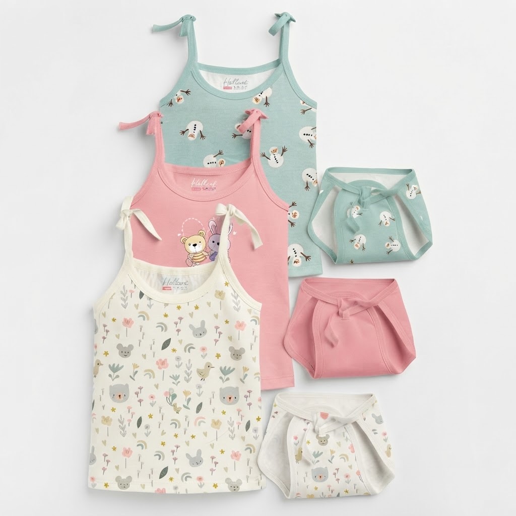 Kids Pack Of 3 Printed Shoulder Straps Pure Cotton With Shorts 0-6 Months White, Green and Pink
