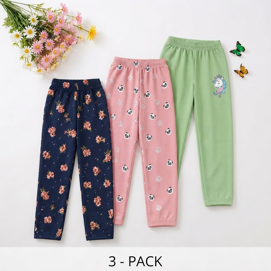 Girls Pack of 3 Regular Fit Track Pants Size 2 to 12 Years Navy Blue, Pink and Green