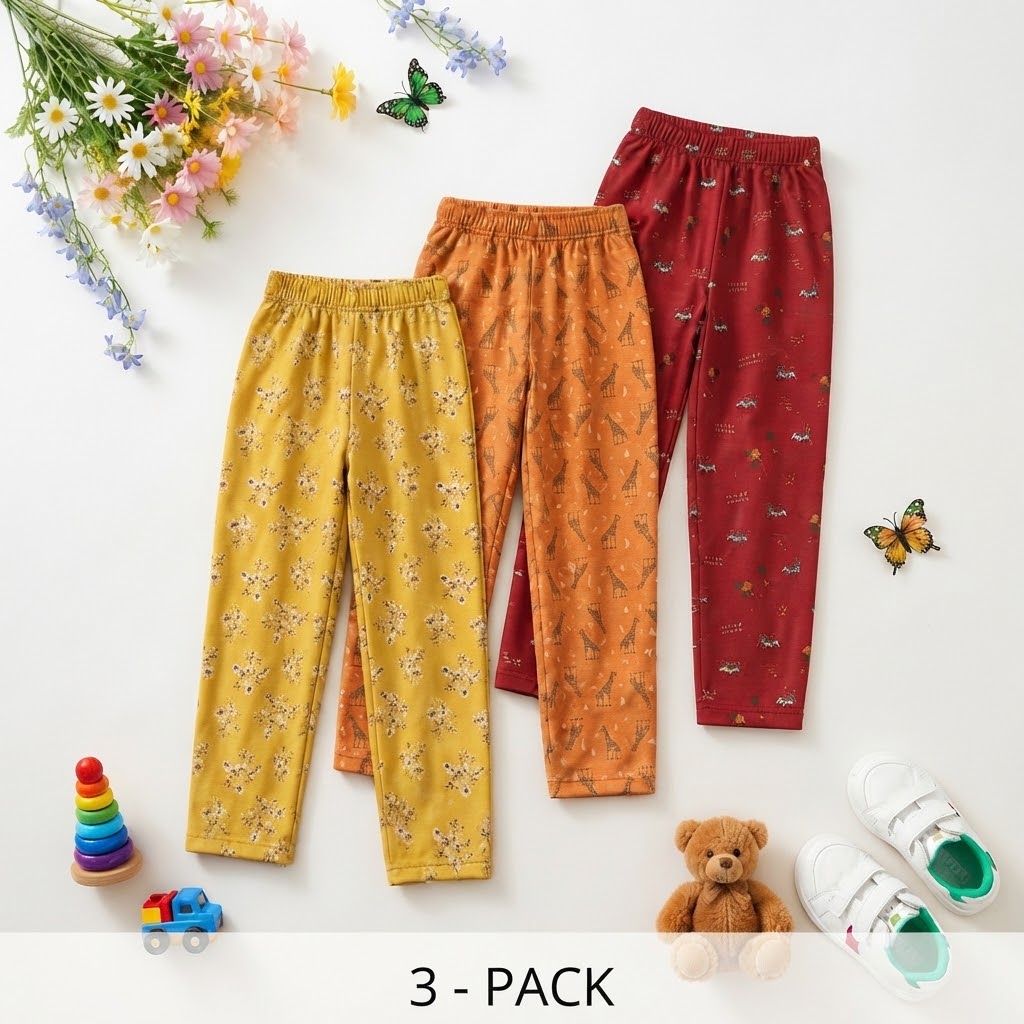 Girls Pack of 3 Regular Fit Track Pants Size 2 to 12 Years Mustard, Orange and Maroon