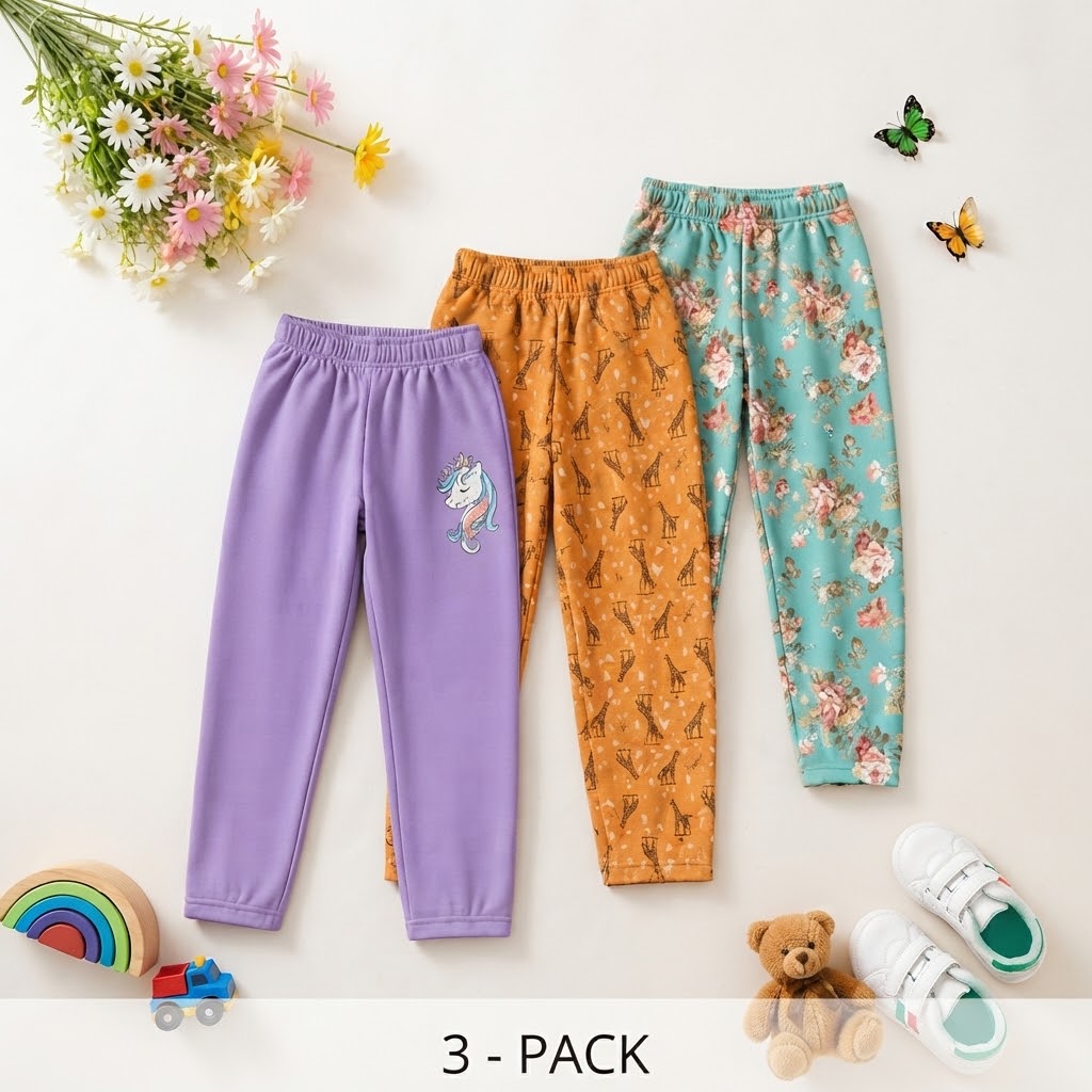 Girls Pack of 3 Regular Fit Track Pants Size 2 to 12 Years Lavender, Orange and Green