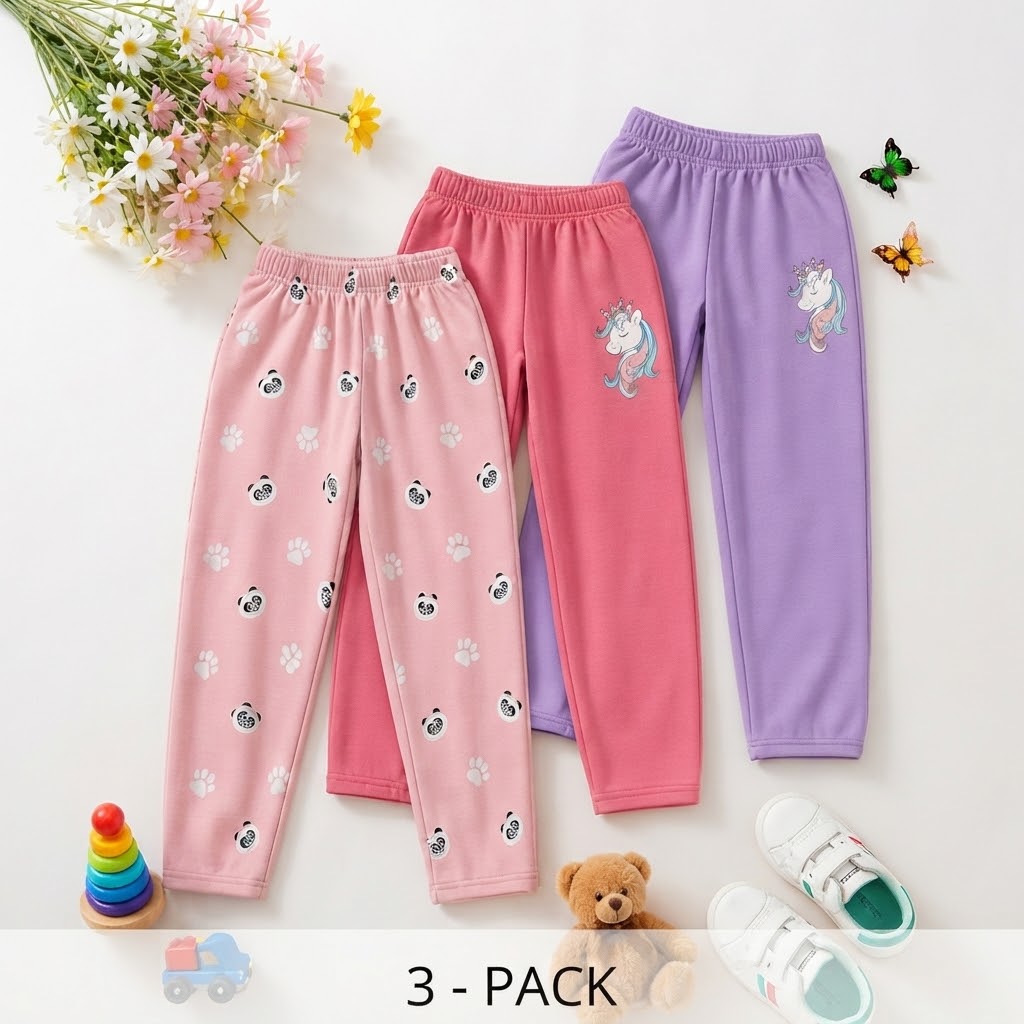 Girls Pack of 3 Regular Fit Track Pants Size 2 to 12 Years Pink, Pink and Lavender