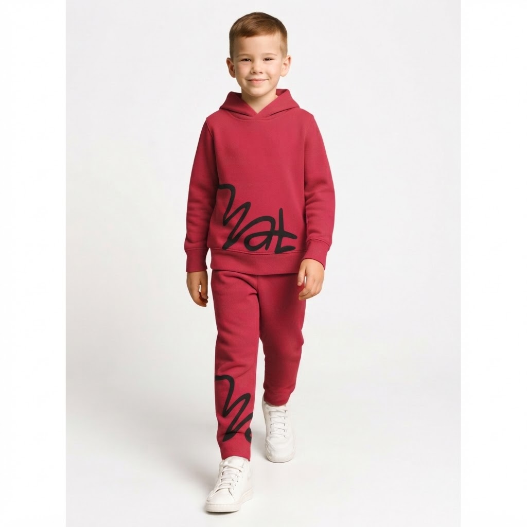 Boys Printed Hooded T-shirt With Trousers Size 3 Years to 16 Years Maroon and black
