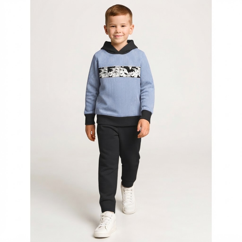 Boys Printed Hooded T-shirt With Trousers Size 3 Years to 16 Years Blue, black