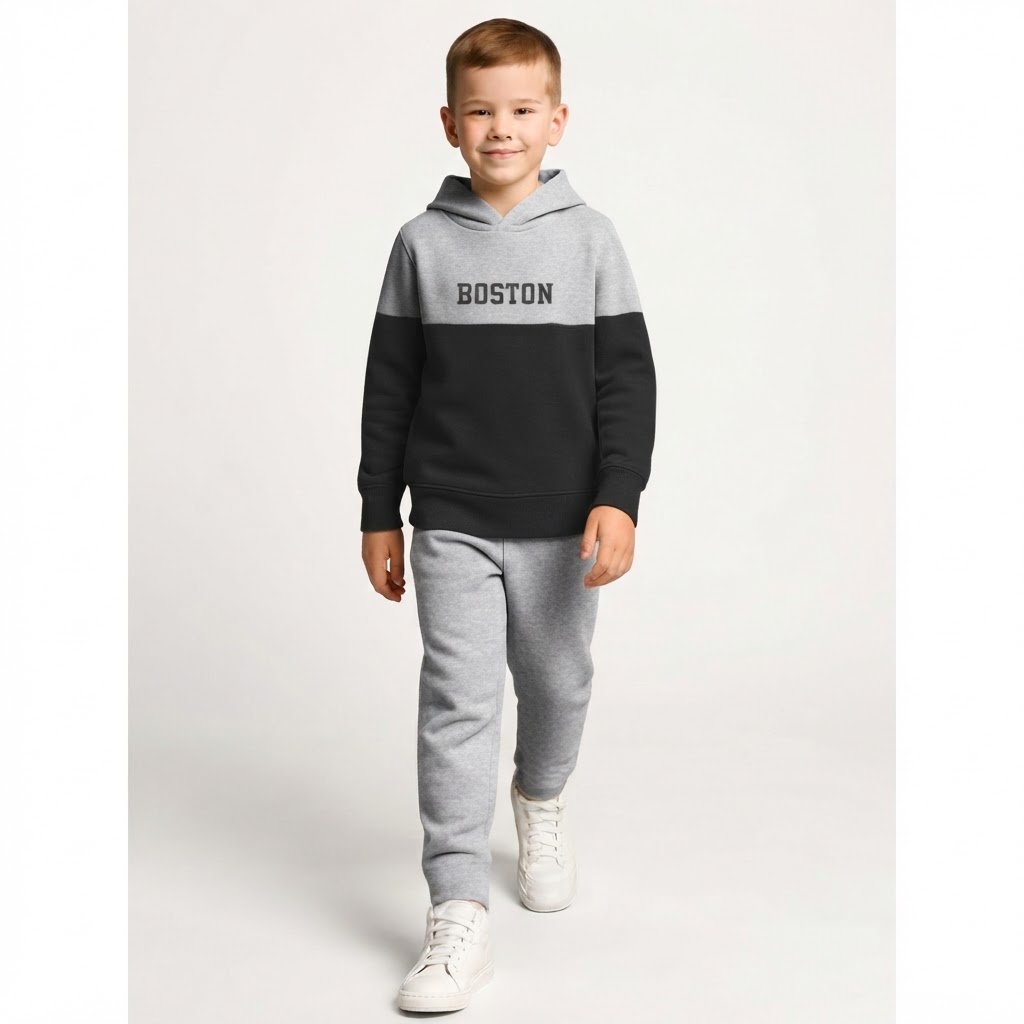 Boys Printed Hooded T-shirt With Trousers Size 3 Years to 16 Years Black and grey