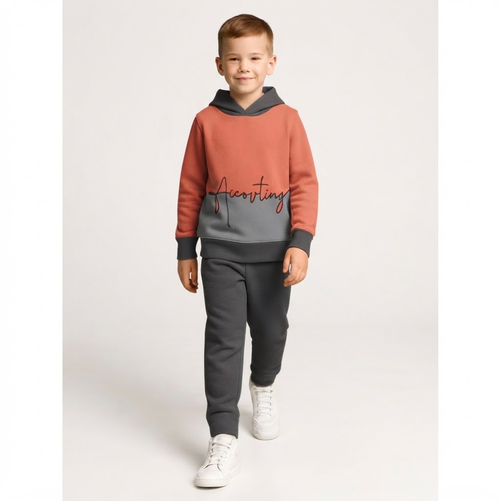 Boys Printed Hooded T-shirt With Trousers Size 3 Years to 16 Years Orange and grey