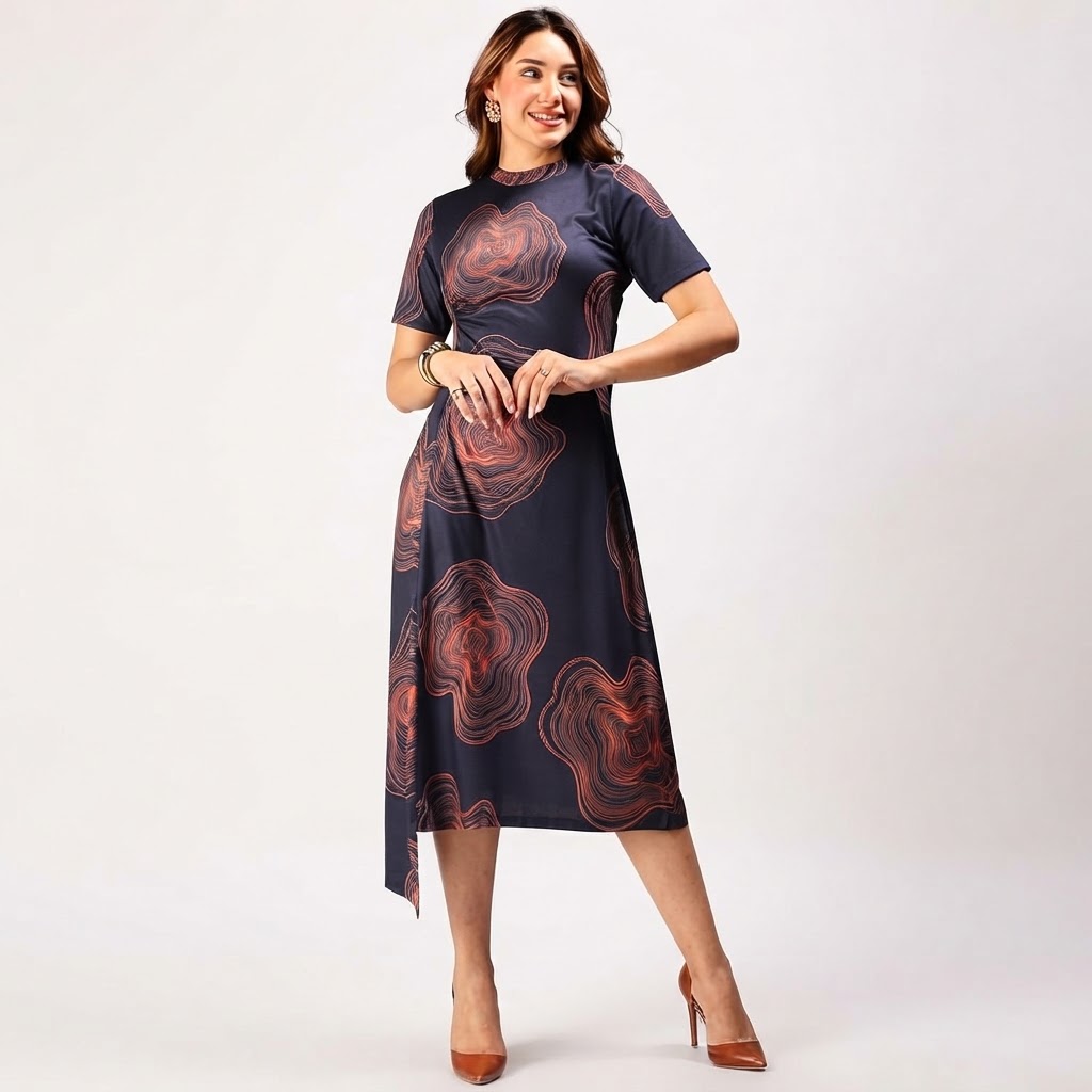 Women Print A-Line Midi Dress Ladies Dress