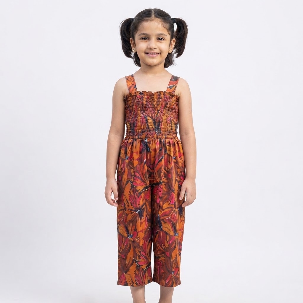 Girls Printed Basic Jumpsuit Girls Dress Size 1 Year to 10 Years Brown and Orange