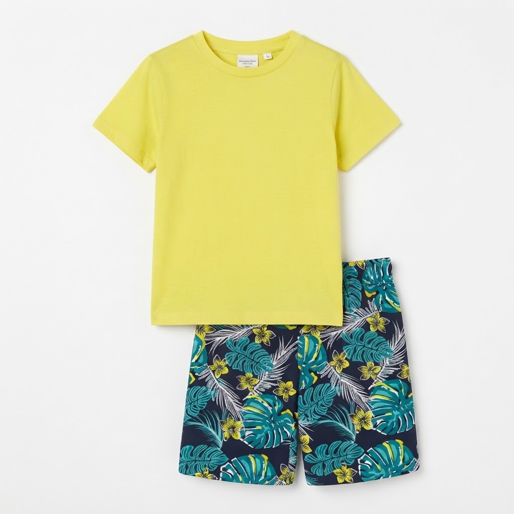 Boys Printed T-shirt with Shorts Size 1 Year to 12 Years Yellow and black