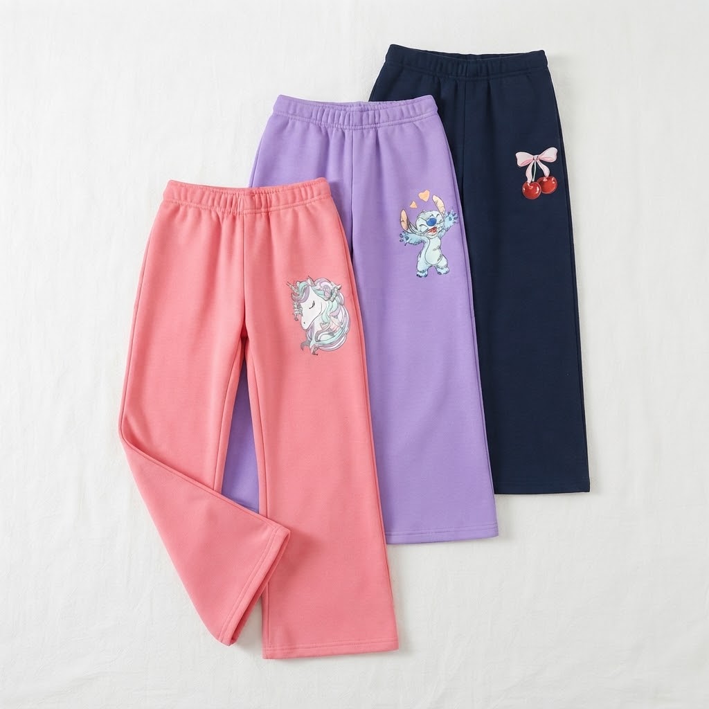 Girls Pack of 3 Regular Fit Graphic Print Track Pants Multicoloured, Pink and Purple