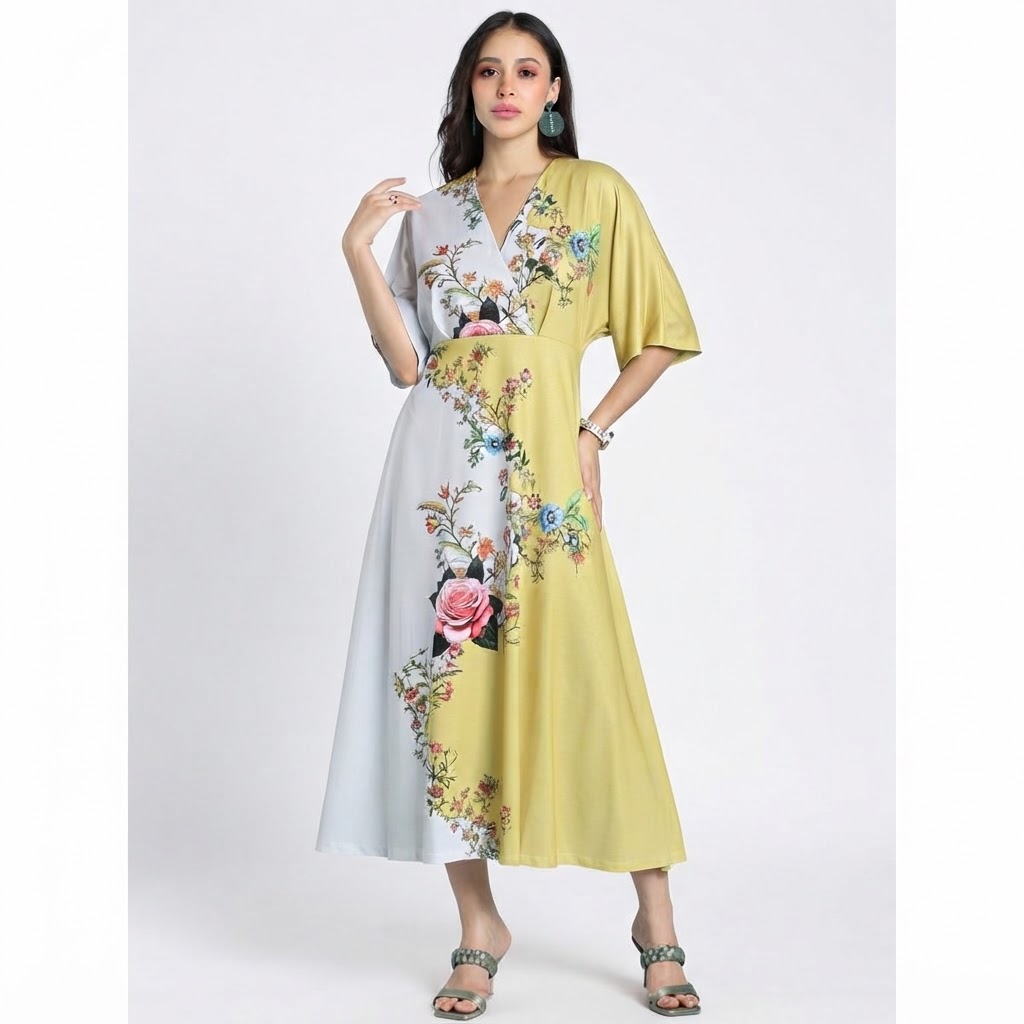 Women Print Kimono Sleeve Midi Dress Ladies Dress